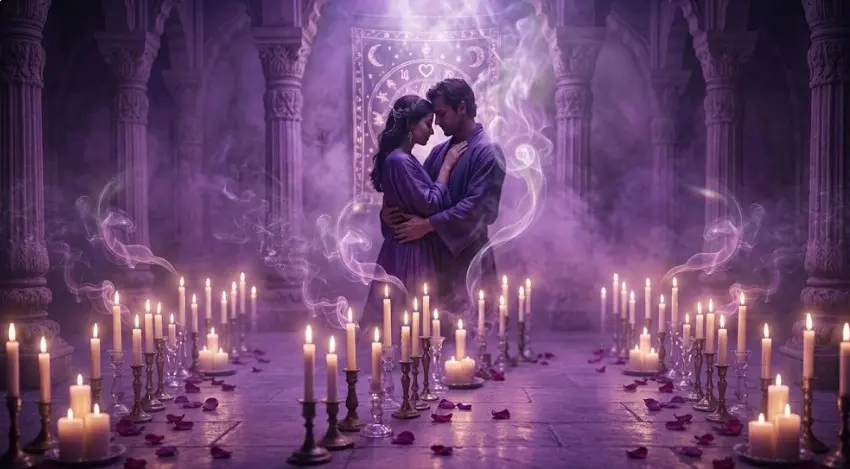 Pareja abrazada en un ambiente místico de color violeta con velas encendidas, ritual de amarres de amor y endulzamientos en Pasto Nariño.