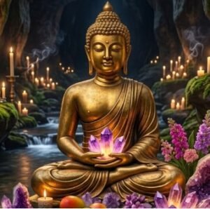 Estatua de Buda dorado en altar de meditación con velas encendidas, cristales y elementos de prosperidad para limpiezas espirituales y amarres de amor en Pasto Nariño.