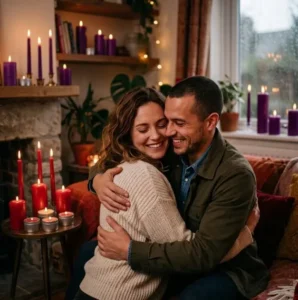 Pareja enamorada abrazándose felizmente en ambiente cálido con velas para amarres de amor y hechizos efectivos en Pasto Nariño.